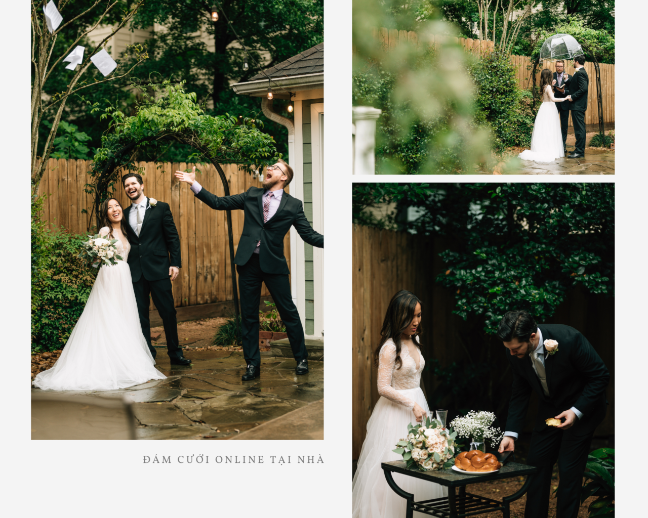 đám cưới online tại nhà được tổ chức ngoài sân vườn với sự tham dự của cô dâu chú rể và chủ hôn